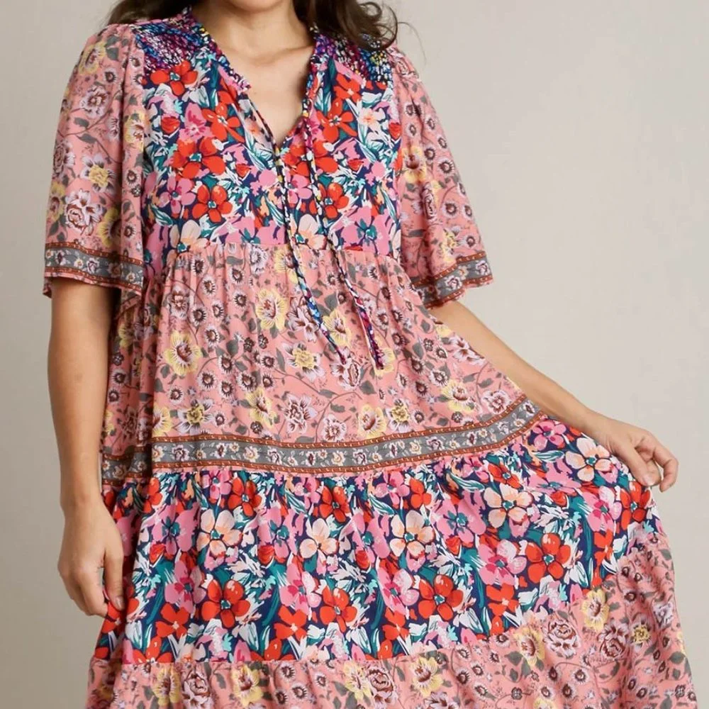 Bohemian Floral Print Maxi Dress - Plus Size XL - Navy Multicolor - Picture 4 of 7